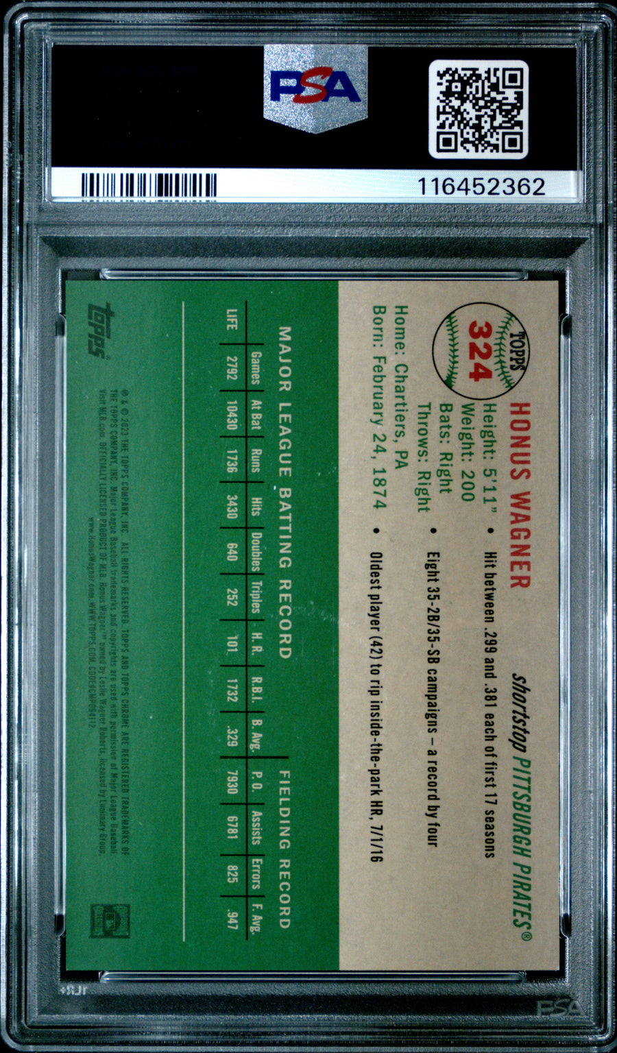 2023 Topps Chrome Platinum Anniversary #324 Honus Wagner PLT Toile White/Green Ref PSA 9 — Back