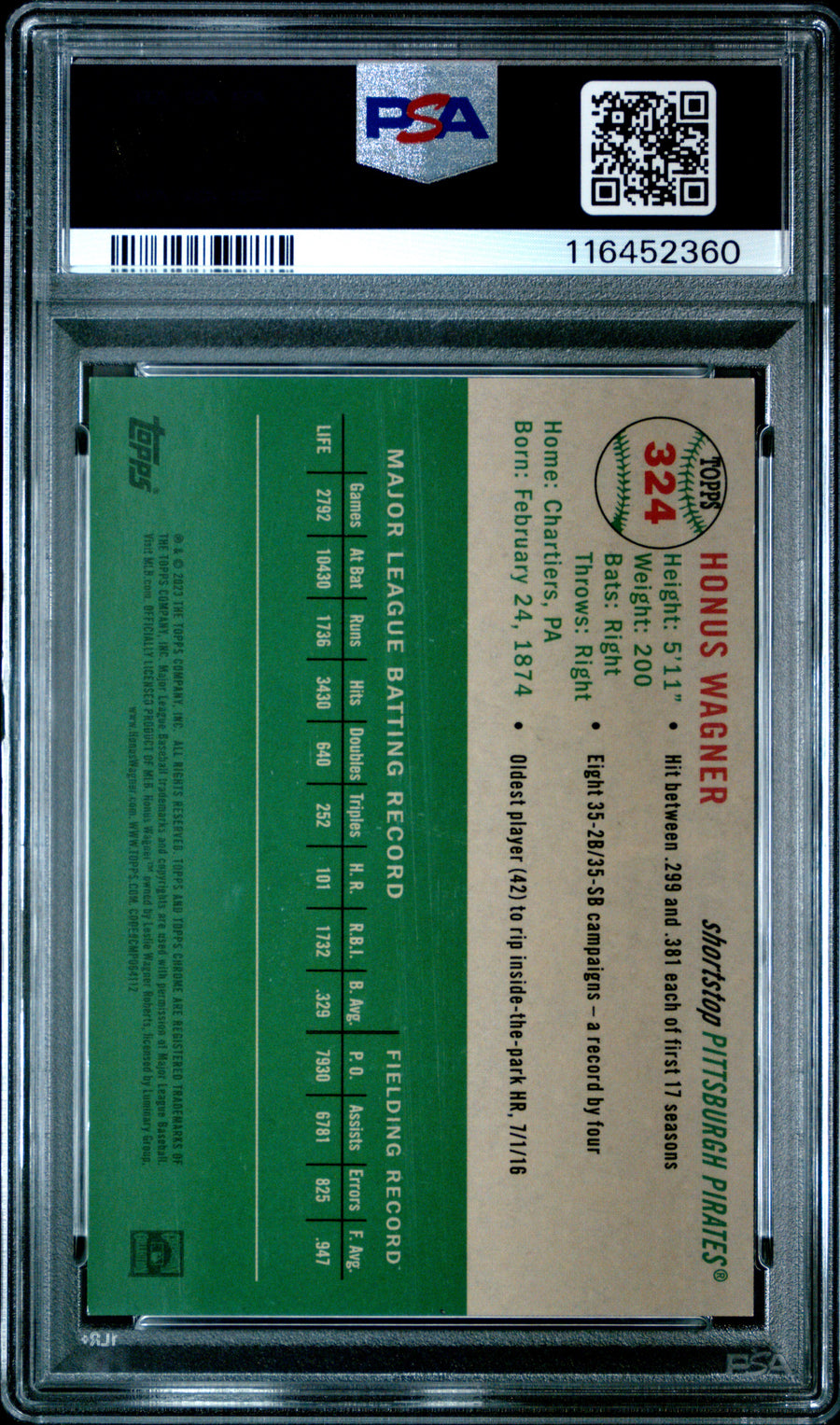 2023 Topps Chrome Platinum Anniversary #324 Honus Wagner PLT Toile Cream/Gold Ref PSA 9 — Back