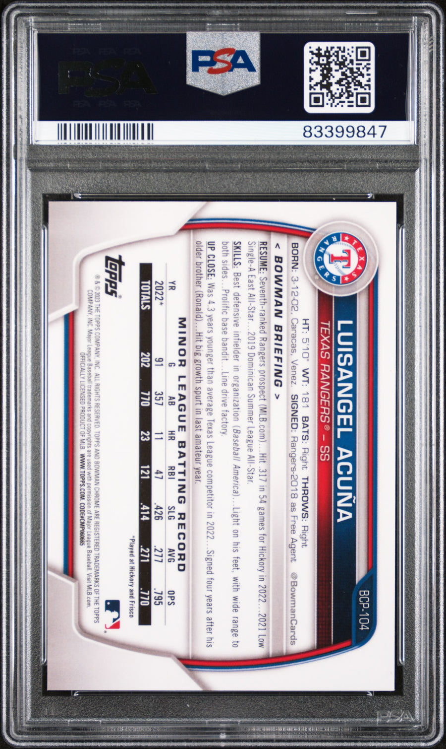 2023 Bowman Chrome Prospects #BCP104 Luisangel Acuna Refractor PSA 10 09/10 — Back