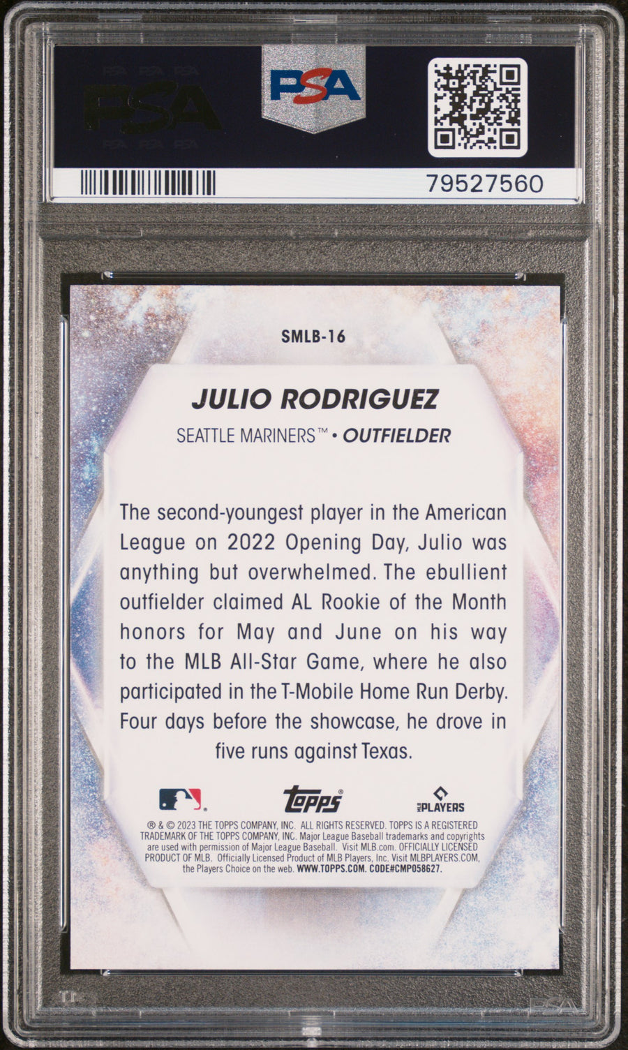 2023 Topps Stars Of MLB #SMLB16 Julio Rodriguez PSA 10 — Back