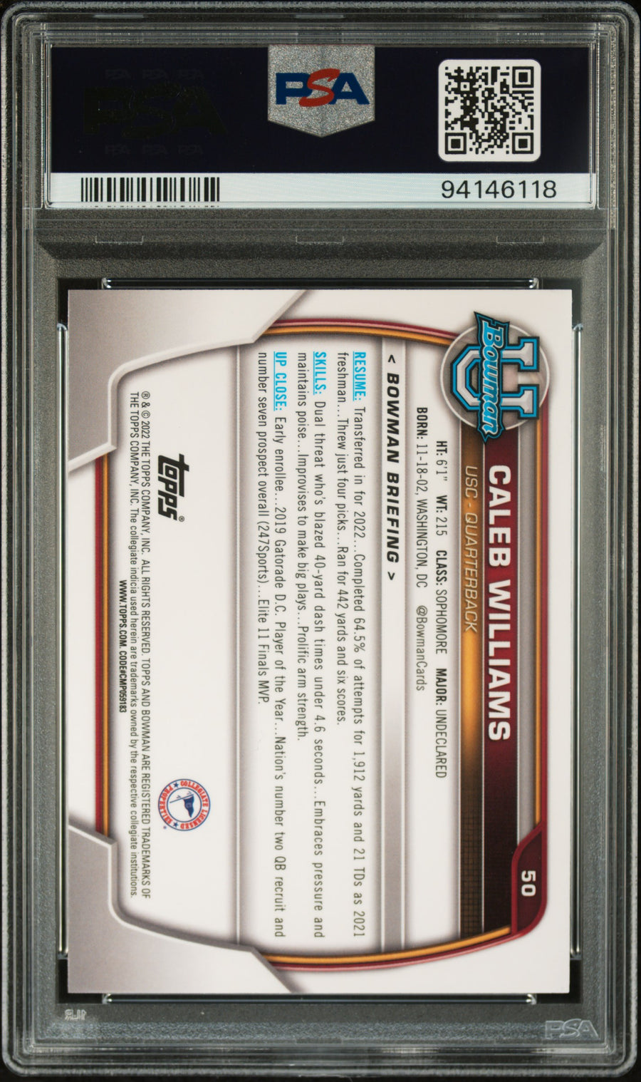 2022 Bowman University #50 Caleb Williams Chrome Prospects PSA 10 — Back