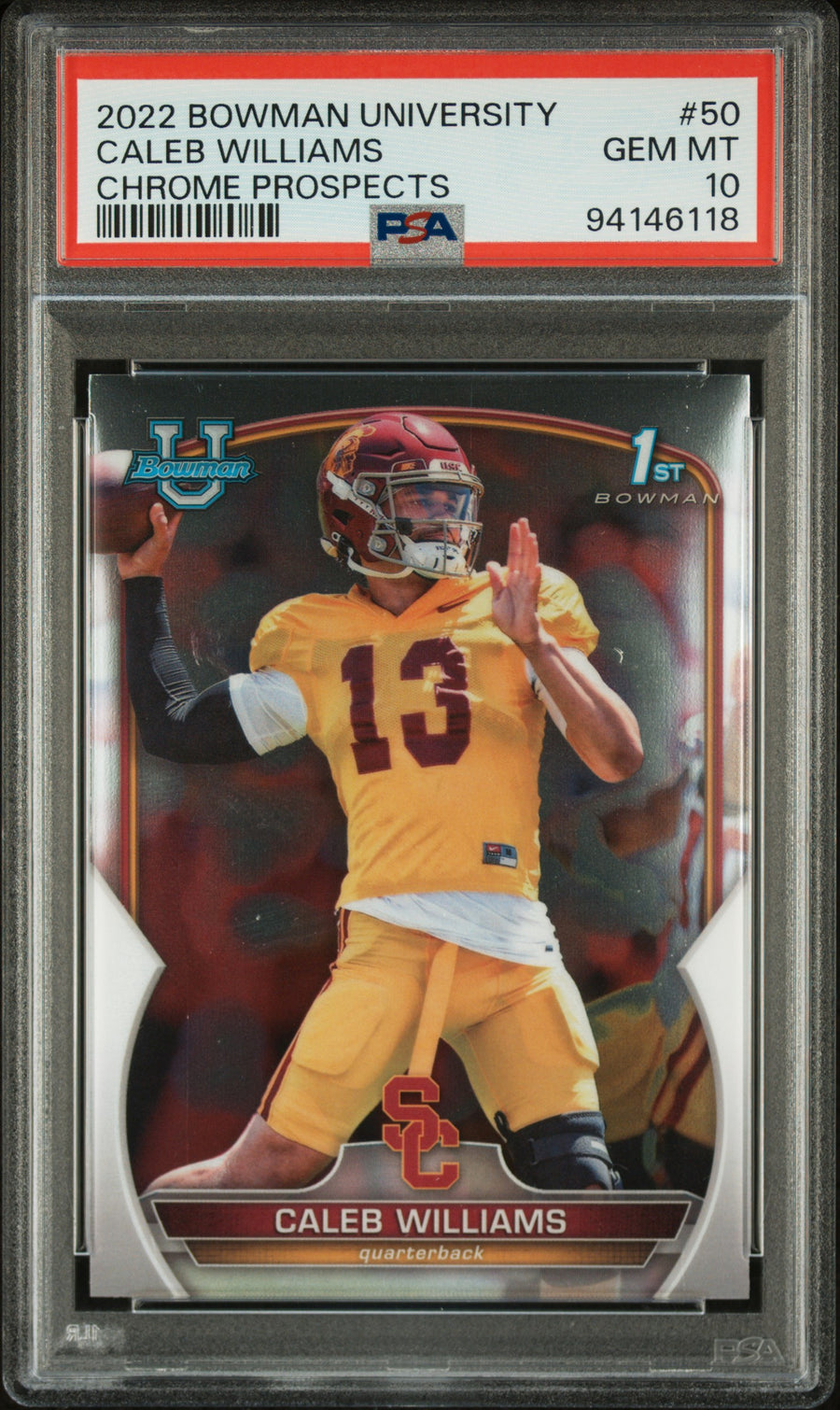 2022 Bowman University #50 Caleb Williams Chrome Prospects PSA 10 — Front