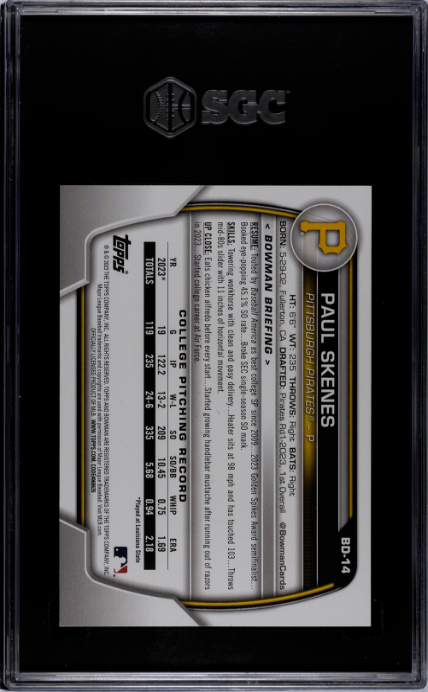 2023 Bowman Draft #BD-14 Paul Skenes Sky Blue SGC 9.5 138/499 — Back