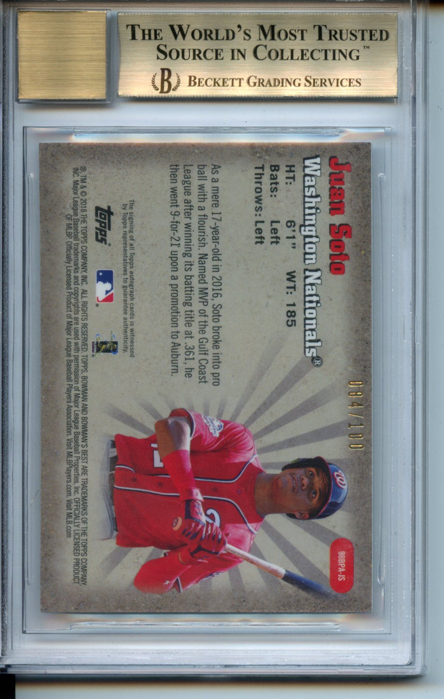 2018 Bowman's Best '98 Best Performers #98BPAJS Juan Soto RC 084/100 BGS 9.5-9 — Back