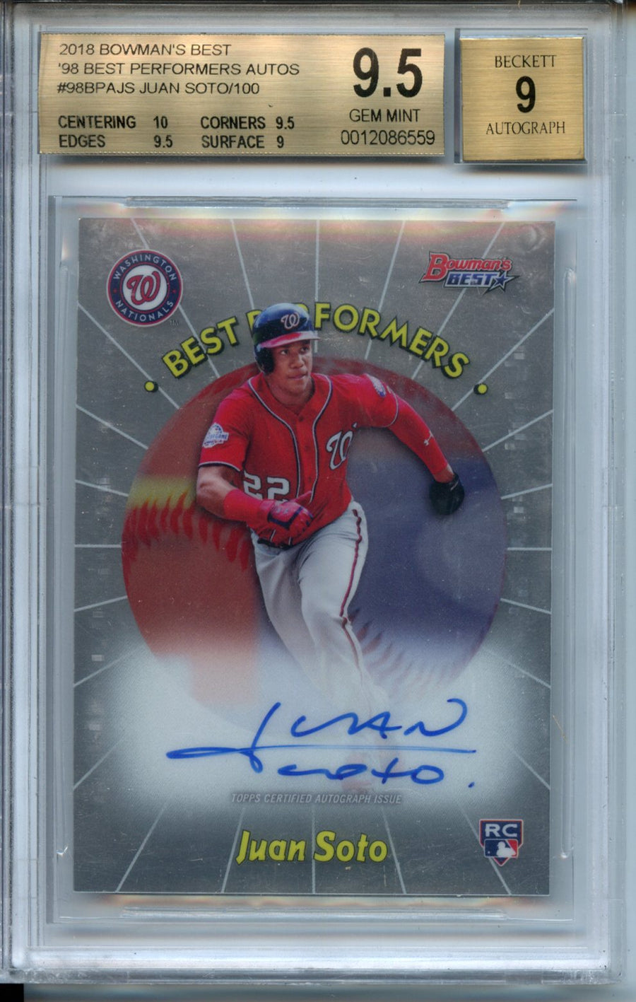 2018 Bowman's Best '98 Best Performers #98BPAJS Juan Soto RC 084/100 BGS 9.5-9 — Front