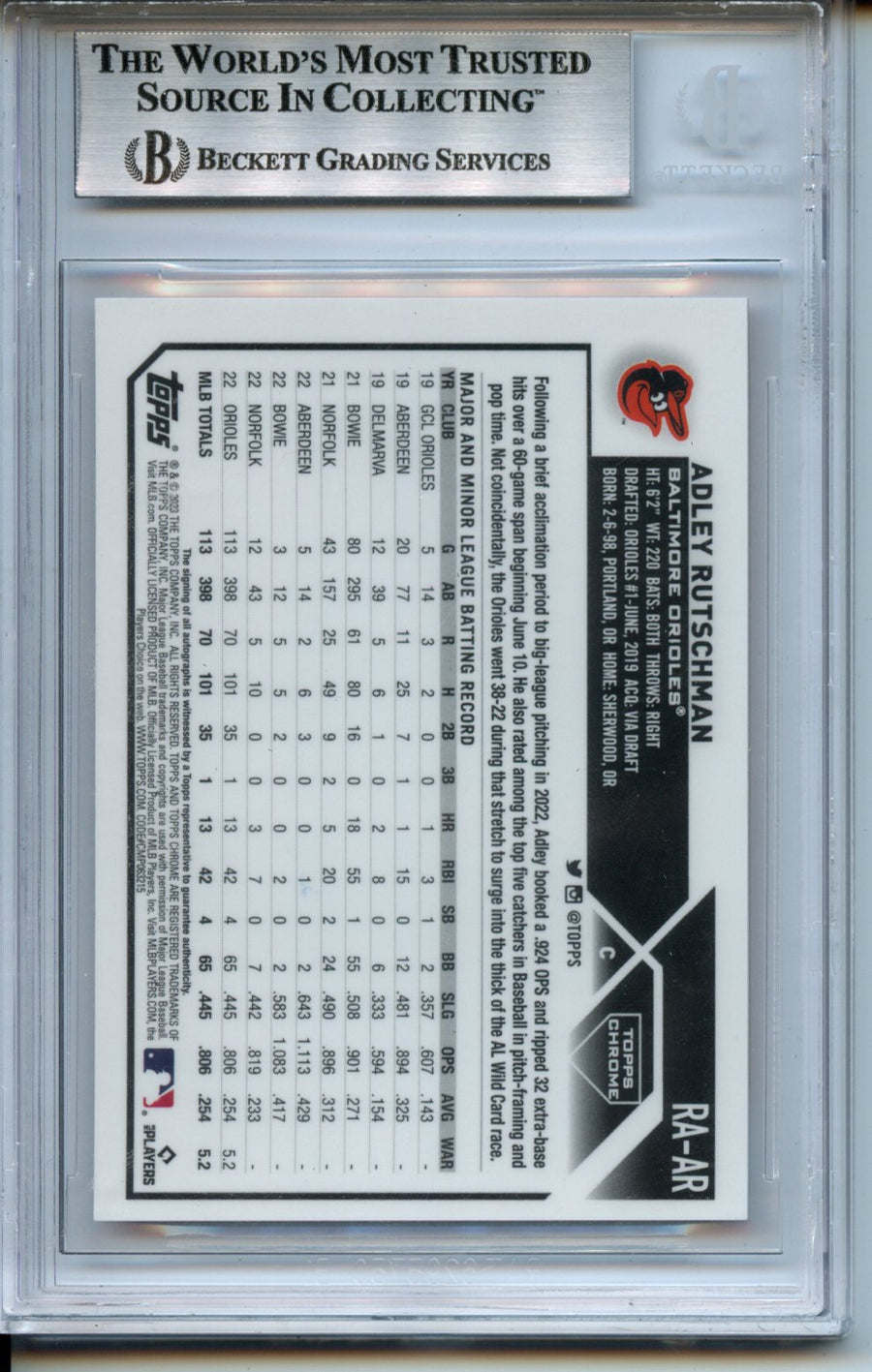 2023 Topps Chrome Autographs Orange Wave Refractors #RAAR Adley Rutschman RC BGS 9 17/25 — Back