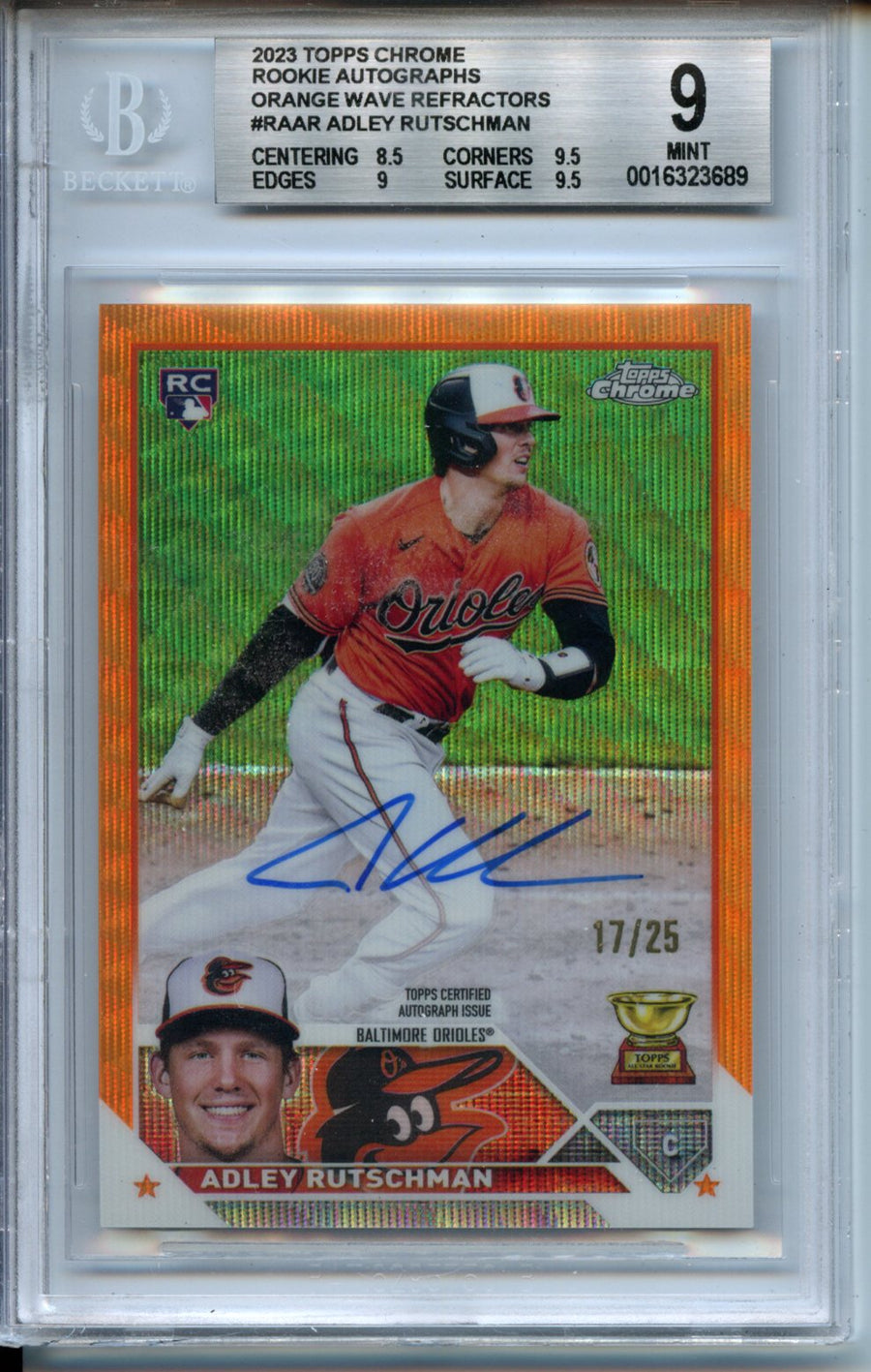 2023 Topps Chrome Autographs Orange Wave Refractors #RAAR Adley Rutschman RC BGS 9 17/25 — Front