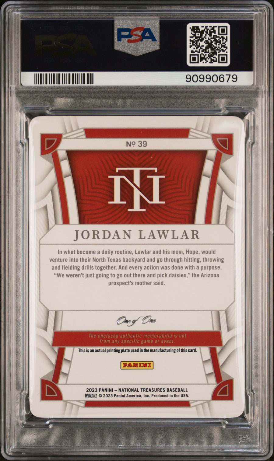 2023 Panini National Treasures #39 Jordan Lawlar Memory Yellow Print Plate 1/1 PSA 8 — Back