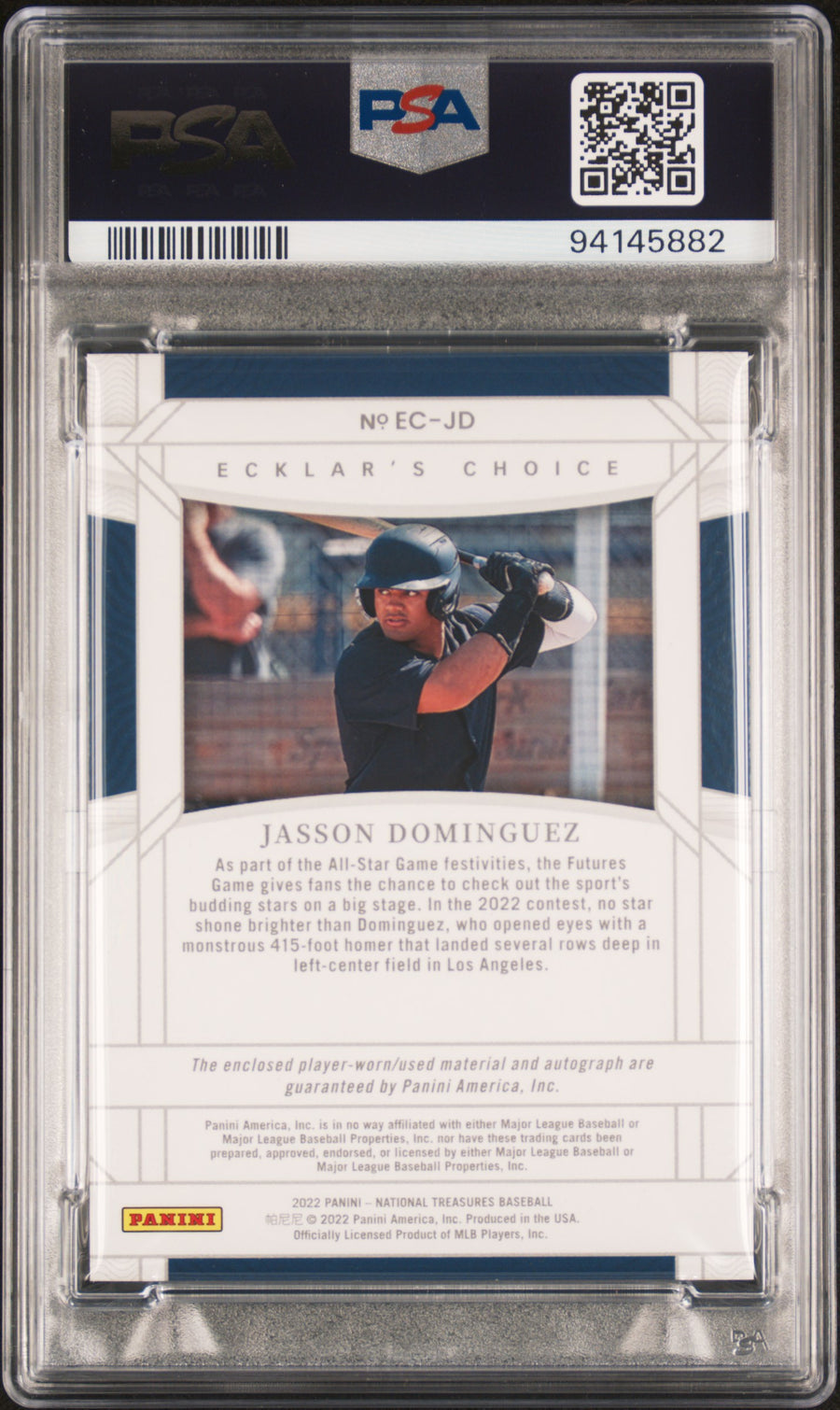 2022 Panini National Treasures Ecklar'S Choice Relic Autographs HL #JD Jasson Dominguez Silver PSA 9-10 — Back