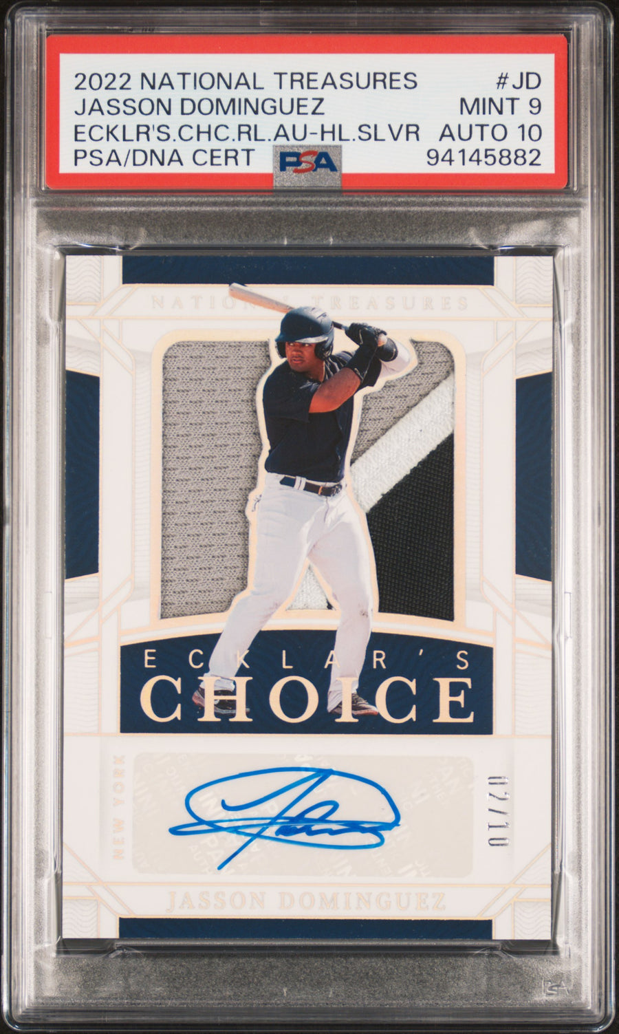 2022 Panini National Treasures Ecklar'S Choice Relic Autographs HL #JD Jasson Dominguez Silver PSA 9-10 — Front
