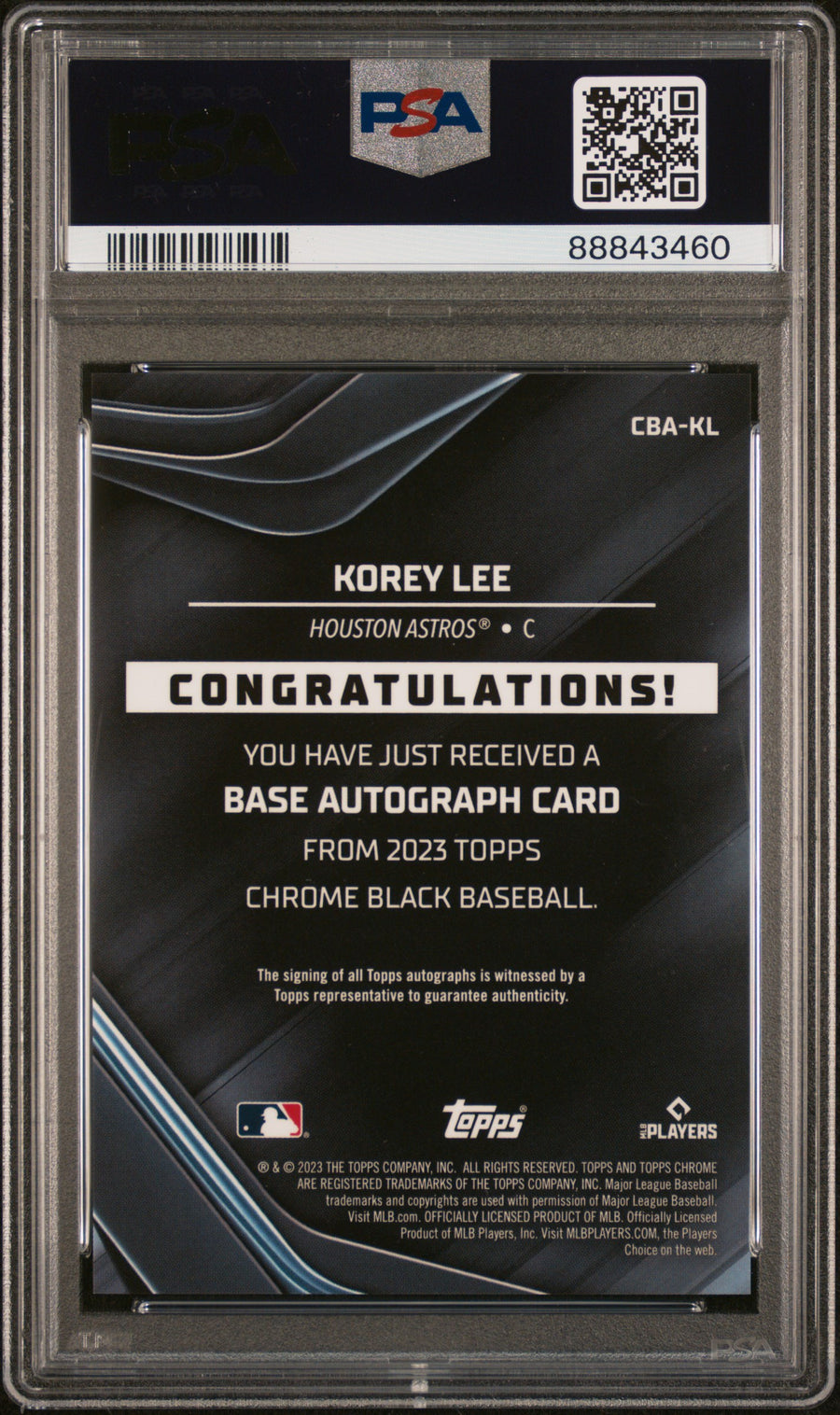 2023 Topps Chrome Black Autographs #KL Korey Lee RC PSA 10 — Back
