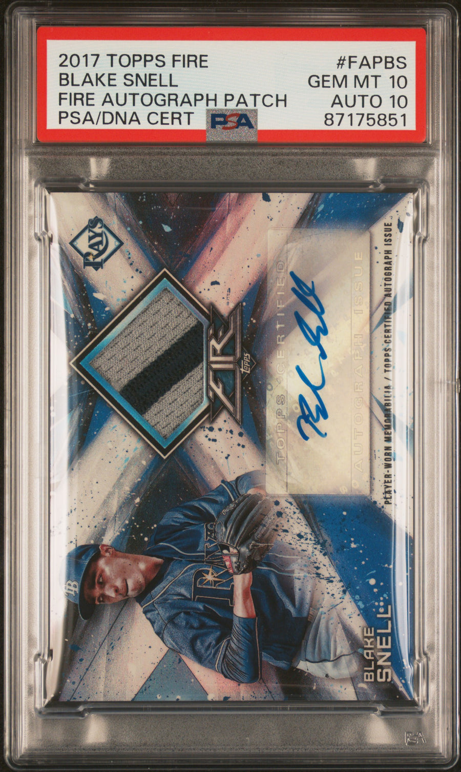 2017 Topps Fire Autograph Patch #FAPBS Blake Snell 01/25 PSA 10-10 — Front