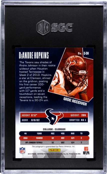 2014 Panini Certified #S-DH Deandre Hopkins 45/45 Signature Mirror Red SGC 9 — Back