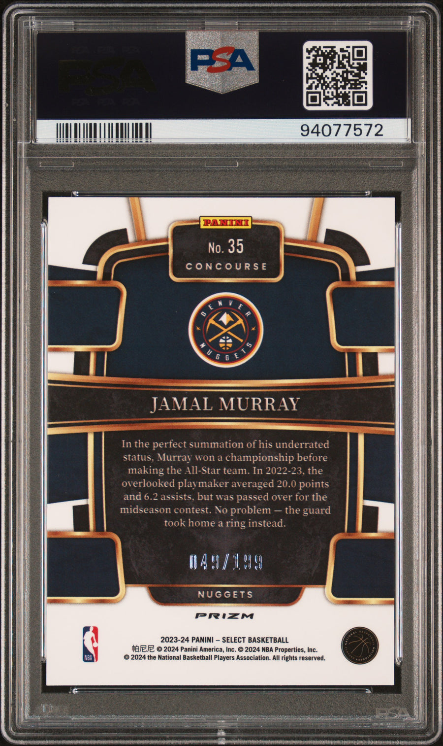 2023 Panini Select #35 Jamal Murray 049/199 Red Prizm PSA 10 — Back