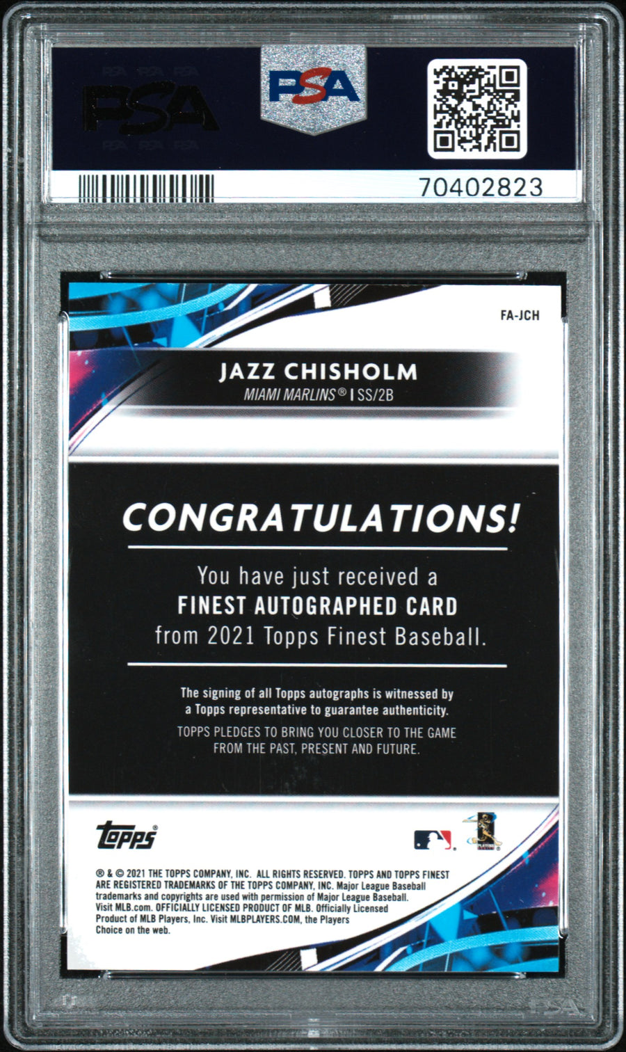 2021 Topps Finest Autographs #JCH Jazz Chisholm 08/99 RC Green Refractor PSA 10 — Back