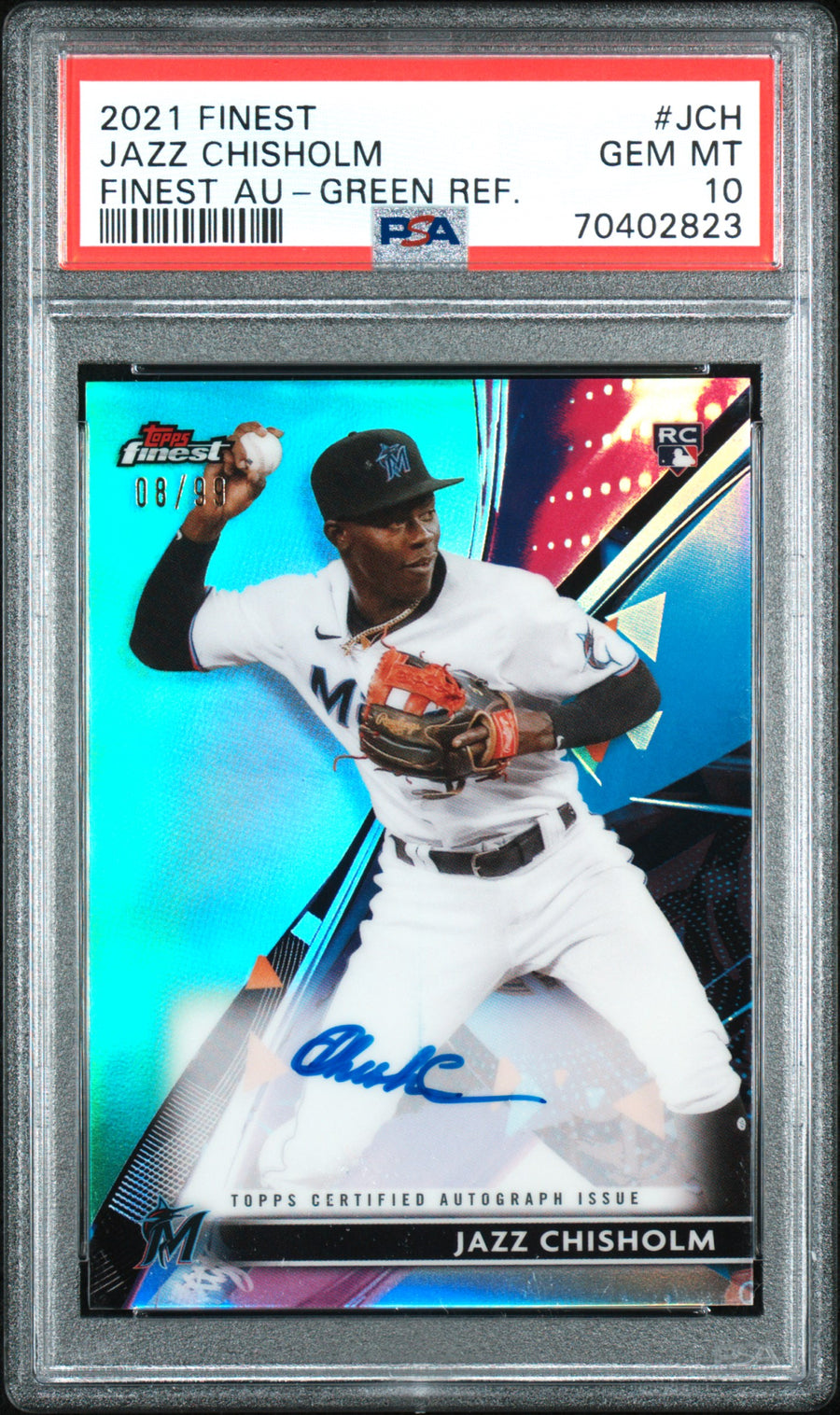 2021 Topps Finest Autographs #JCH Jazz Chisholm 08/99 RC Green Refractor PSA 10 — Front