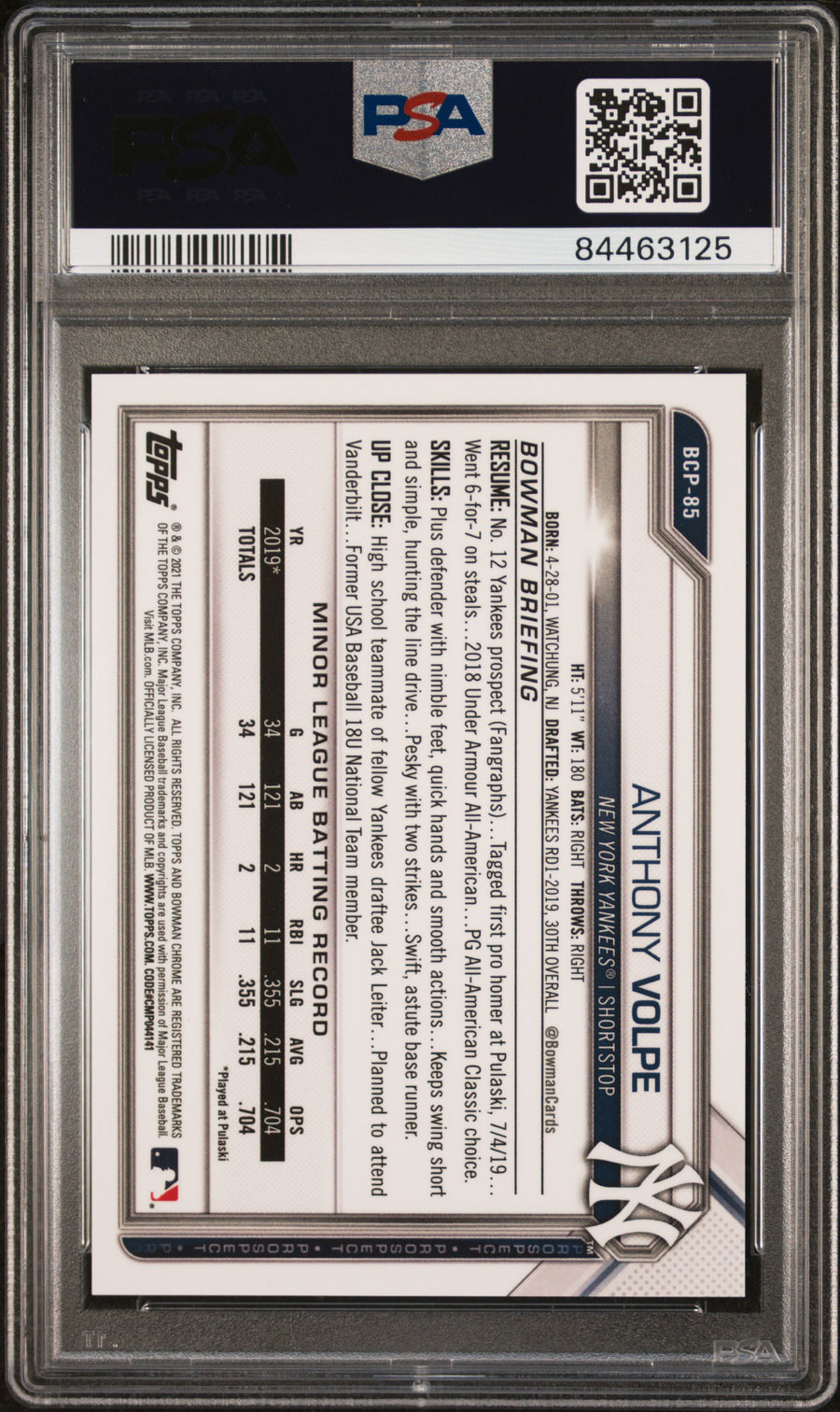 2021 Bowman Chrome Prospects #BCP85 Anthony Volpe 38/99 Green Shimmer Refractor PSA 10 — Back