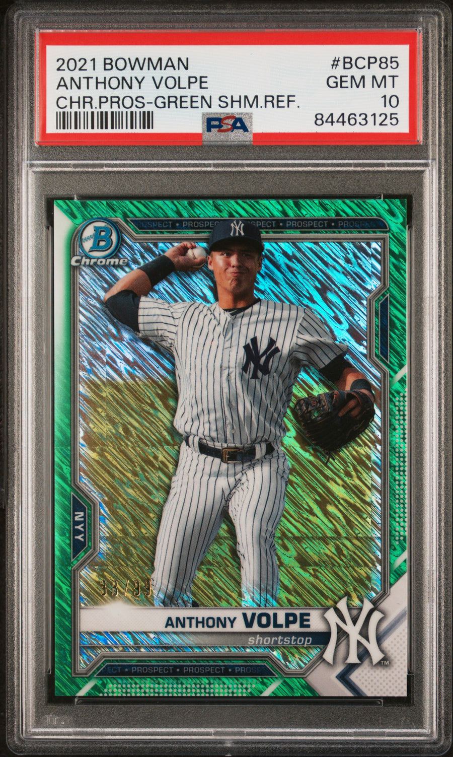 2021 Bowman Chrome Prospects #BCP85 Anthony Volpe 38/99 Green Shimmer Refractor PSA 10 — Front