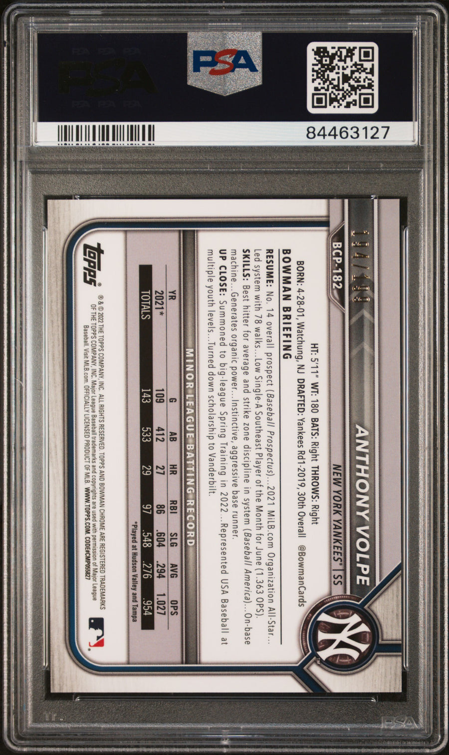2022 Bowman Chrome Prospects #BCP182 Anthony Volpe FCHS/Pink Vapor Ref. PSA 8 — Back