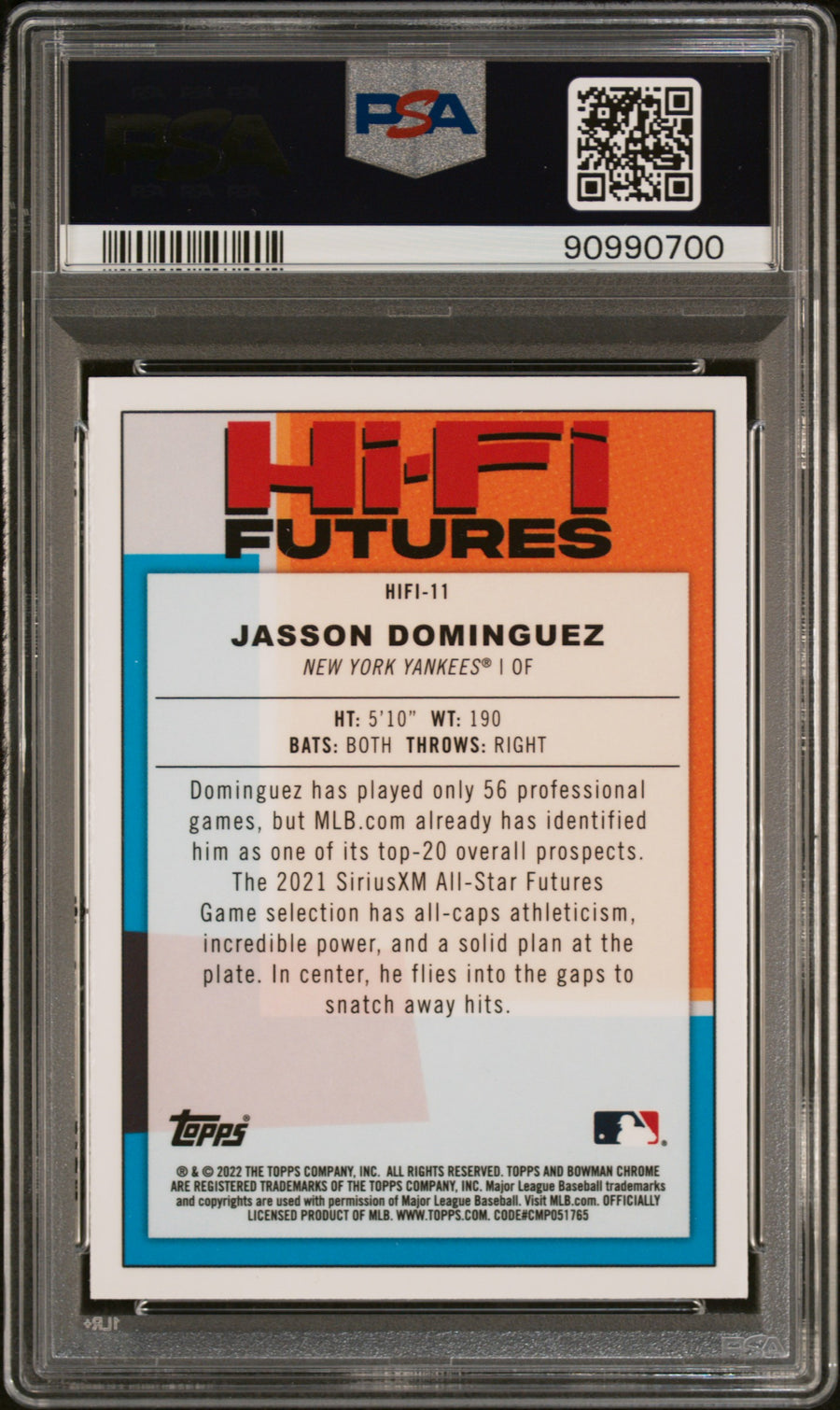 2022 Bowman Chrome Hi-Fi Futures #HIFI11 Jasson Dominguez PSA 9 — Back