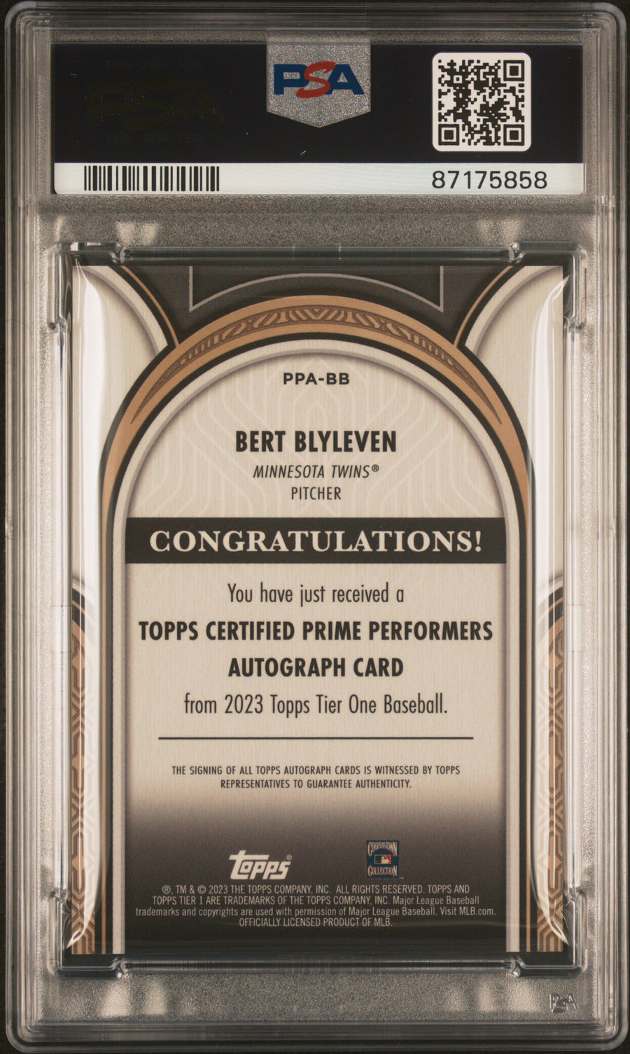 2023 Topps Tier One Prime Performers Autographs #PPABB Bert Blyleven 105/149 PSA 10-10 — Back