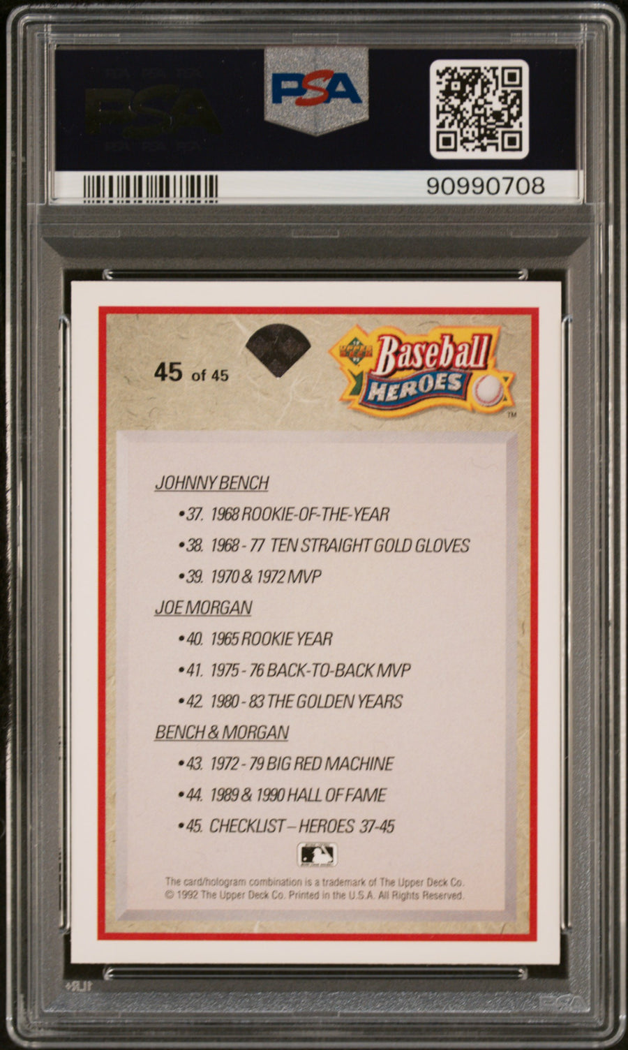 1992 Upper Deck Heroes #45 J.Bench/J.Morgan Checklist PSA 8 — Back