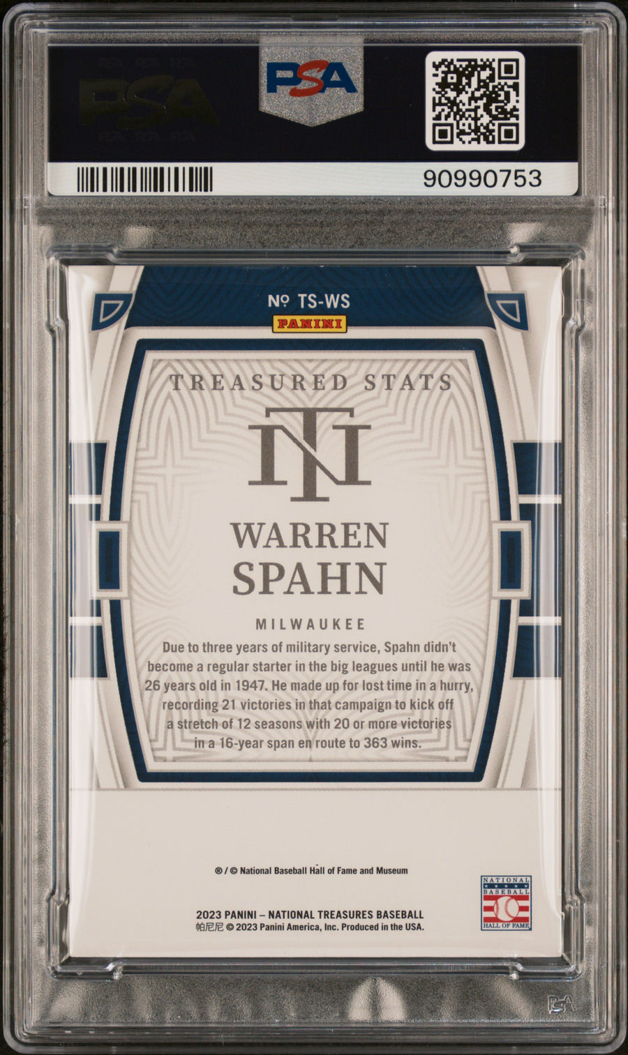 2023 Panini National Treasures Treasured Stats #WS Warren Spahn 69/99 PSA 8 — Back