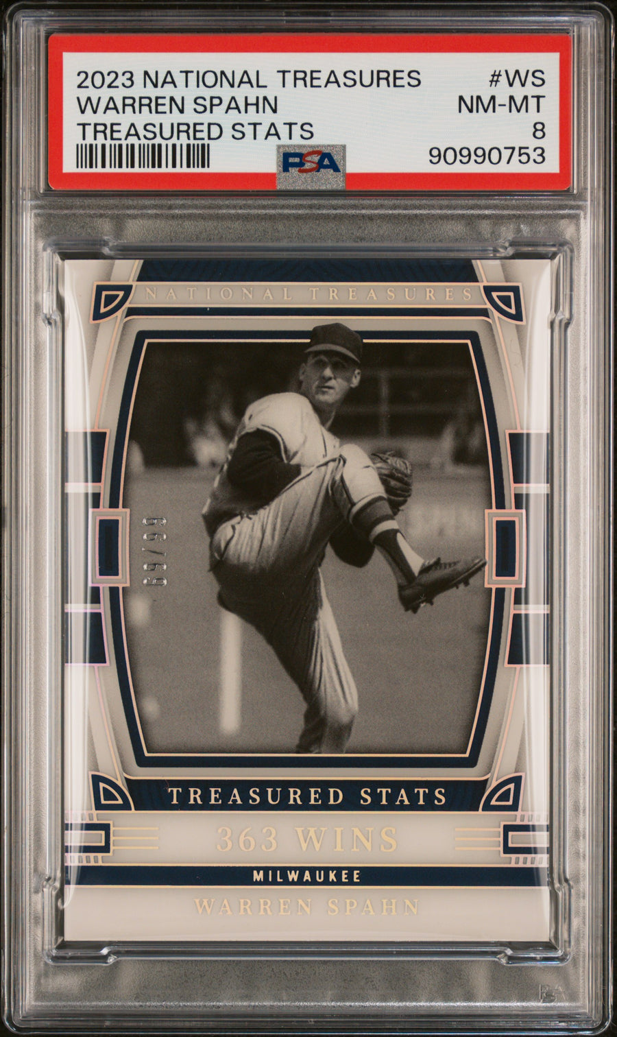 2023 Panini National Treasures Treasured Stats #WS Warren Spahn 69/99 PSA 8 — Front