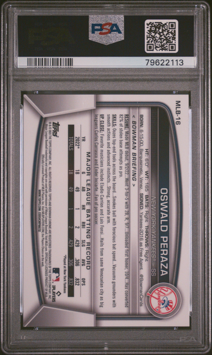2023 Bowman Chrome National #16 Oswald Peraza RC 34/99 Sparkle Refractor PSA 10 — Back