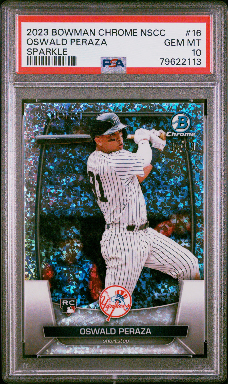 2023 Bowman Chrome National #16 Oswald Peraza RC 34/99 Sparkle Refractor PSA 10 — Front