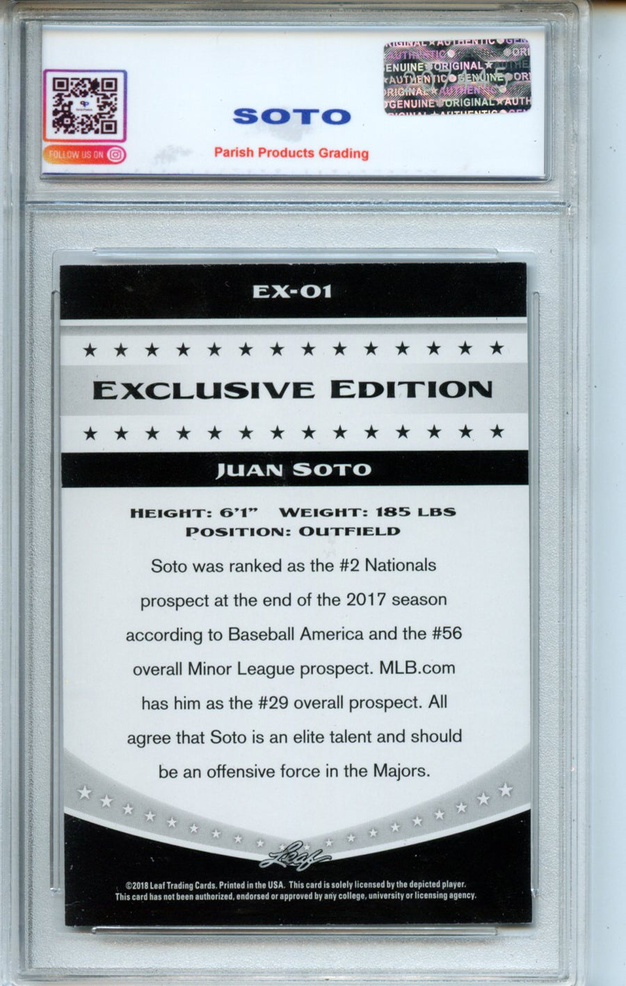 2018 Leaf Exclusive Edition #EX-01 Juan Soto Parish Product Grading 9 — Back