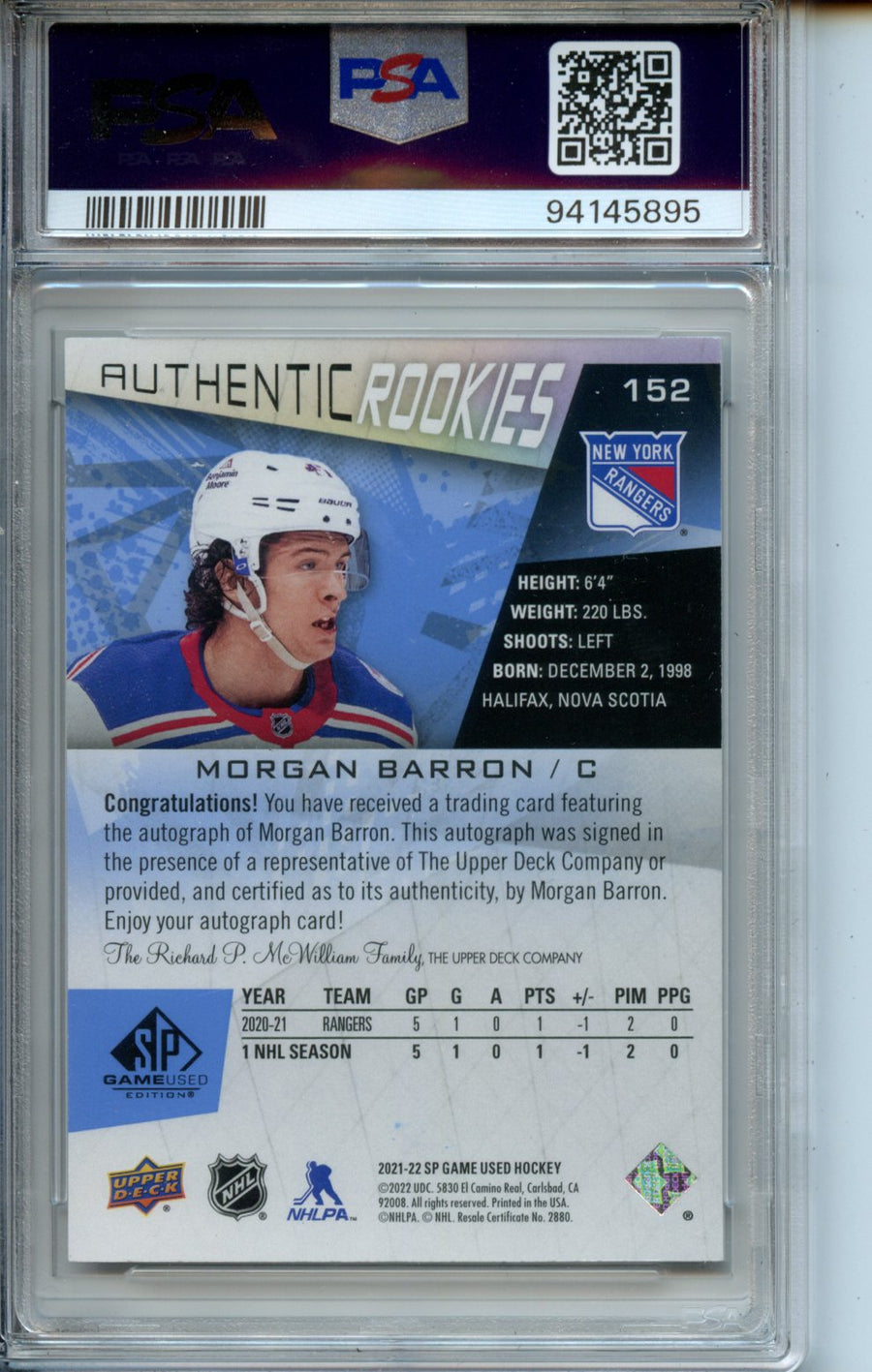 2021 SP Game Used #152 Morgan Barron Blue Authentic Rookies PSA 9-10 — Back