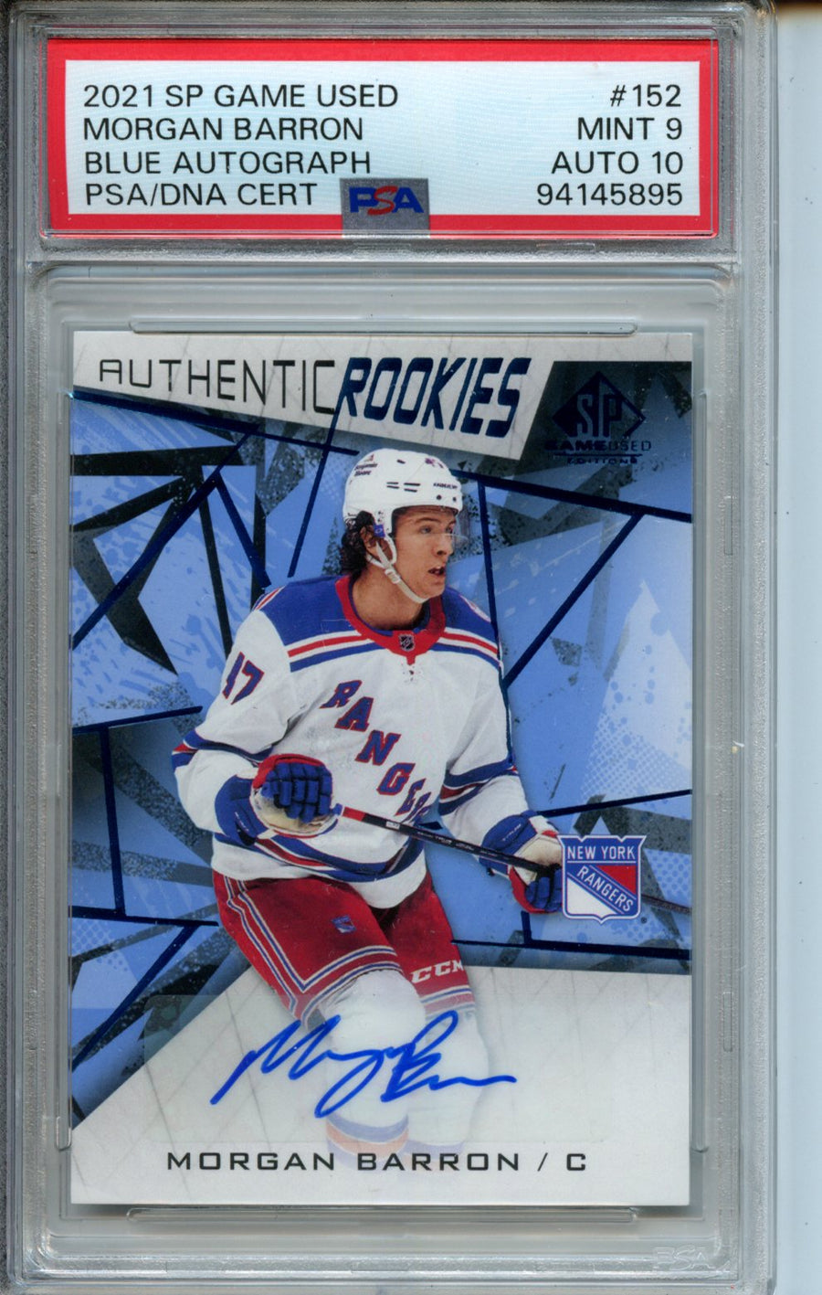 2021 SP Game Used #152 Morgan Barron Blue Authentic Rookies PSA 9-10 — Front