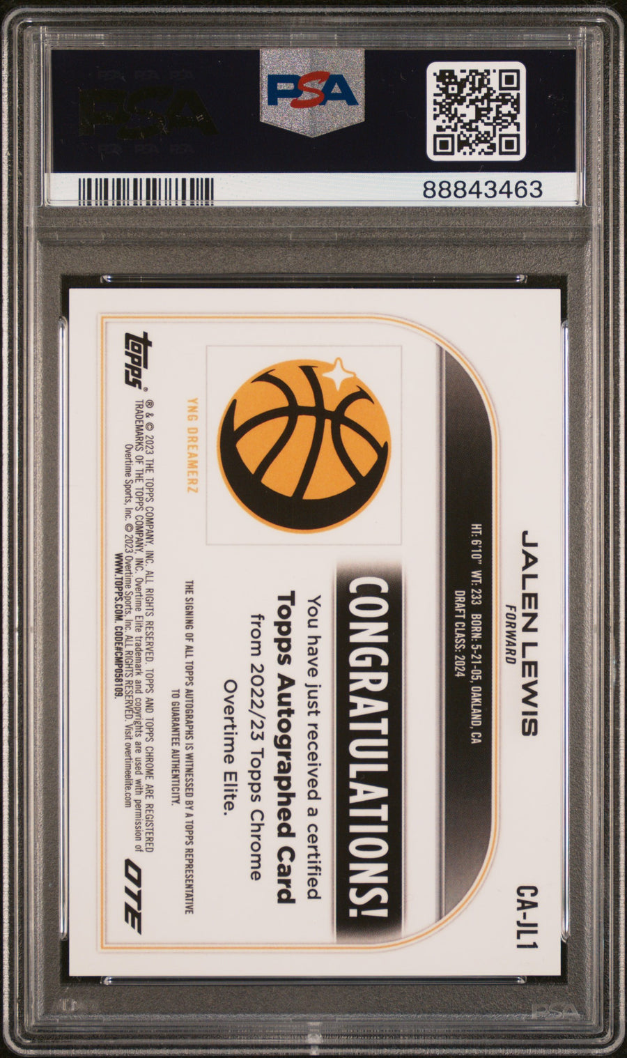 2022 Topps Chrome Overtime Elite Autographs #CAJL1 Jalen Lewis 72/75 Green Refractor PSA 10 — Back