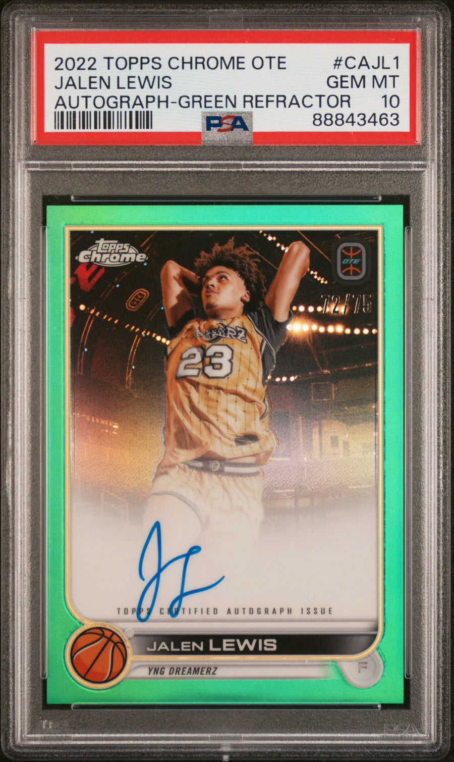 2022 Topps Chrome Overtime Elite Autographs #CAJL1 Jalen Lewis 72/75 Green Refractor PSA 10 — Front