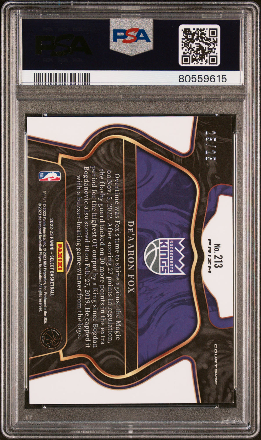 2022 Panini Select #213 De���������������������������aaron Fox 25/25 Blue Disco PSA 9 — Back