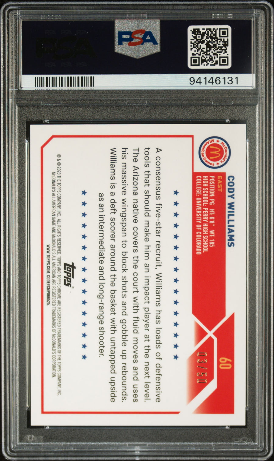 2023 Topps Chrome Mcdonald'S All-American #60 Cody Williams 03/50 Gold Refractor PSA 10 — Back