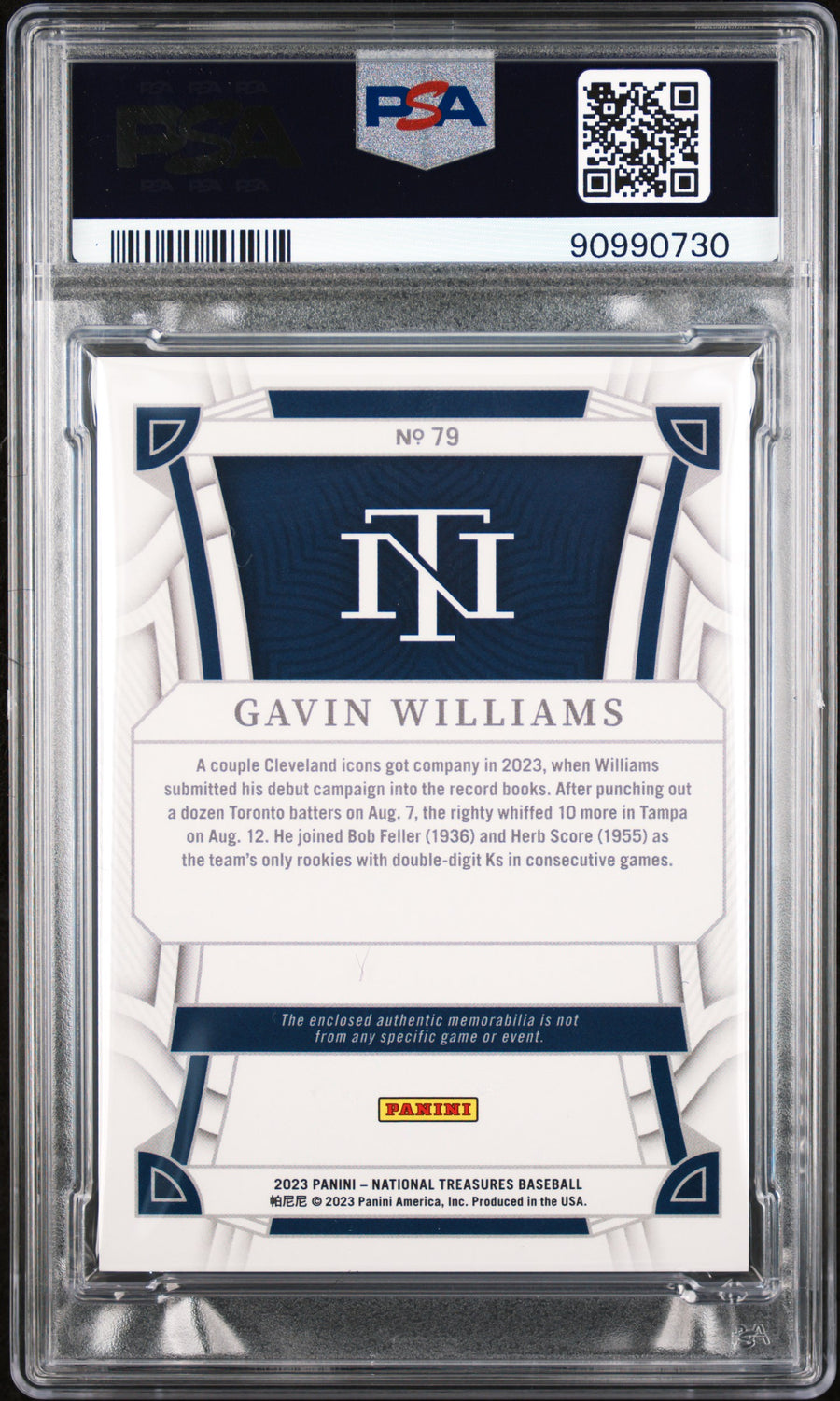 2023 Panini National Treasures #79 Gavin Williams Memorabilia RP 38/49 PSA 7 — Back