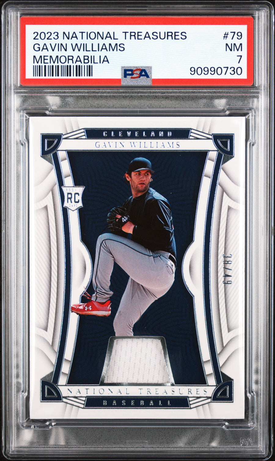2023 Panini National Treasures #79 Gavin Williams Memorabilia RP 38/49 PSA 7 — Front