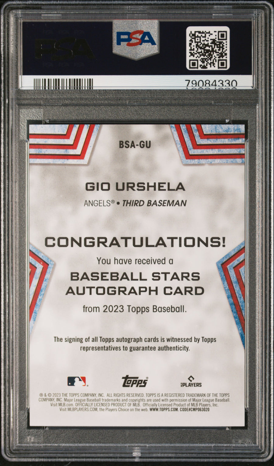 2023 Topps Baseball Stars Autographs #BSAGU Gio Urshela 08/50 Gold PSA 9 — Back