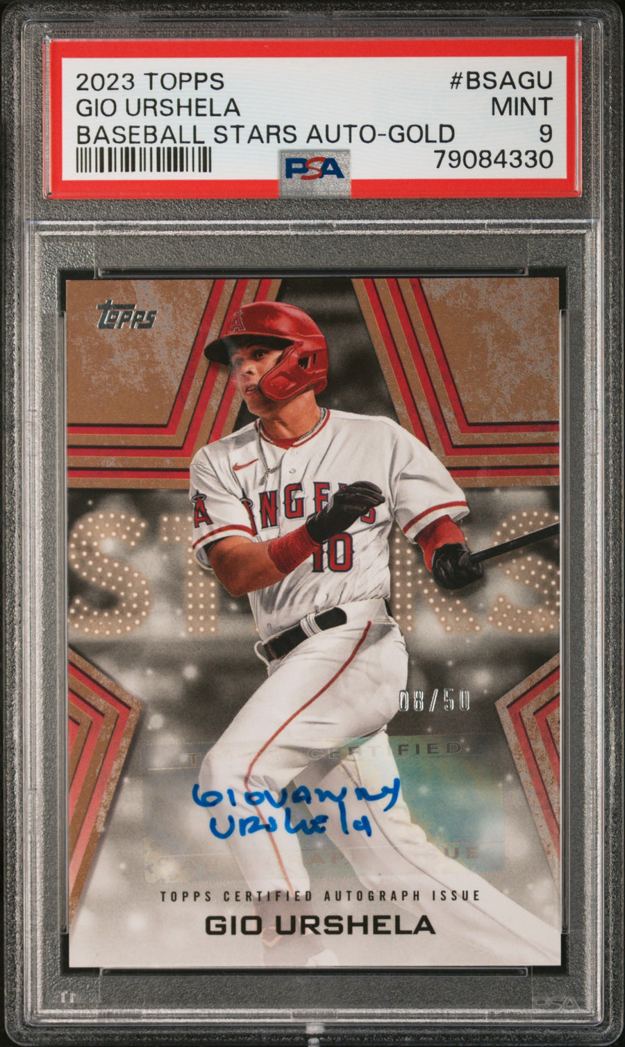 2023 Topps Baseball Stars Autographs #BSAGU Gio Urshela 08/50 Gold PSA 9 — Front