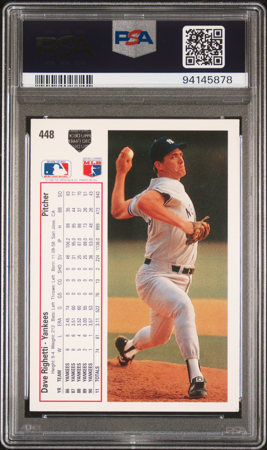 1991 Upper Deck #448 Dave Righetti PSA 4-8 — Back