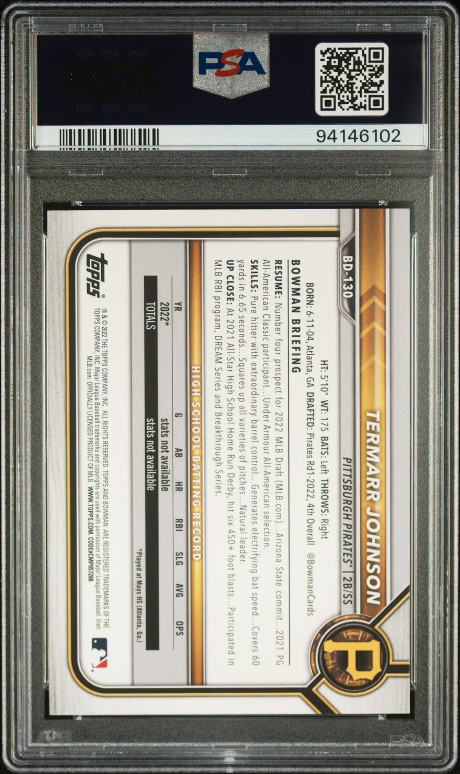2022 Bowman Draft #BD130 Termarr Johnson PSA 10 — Back