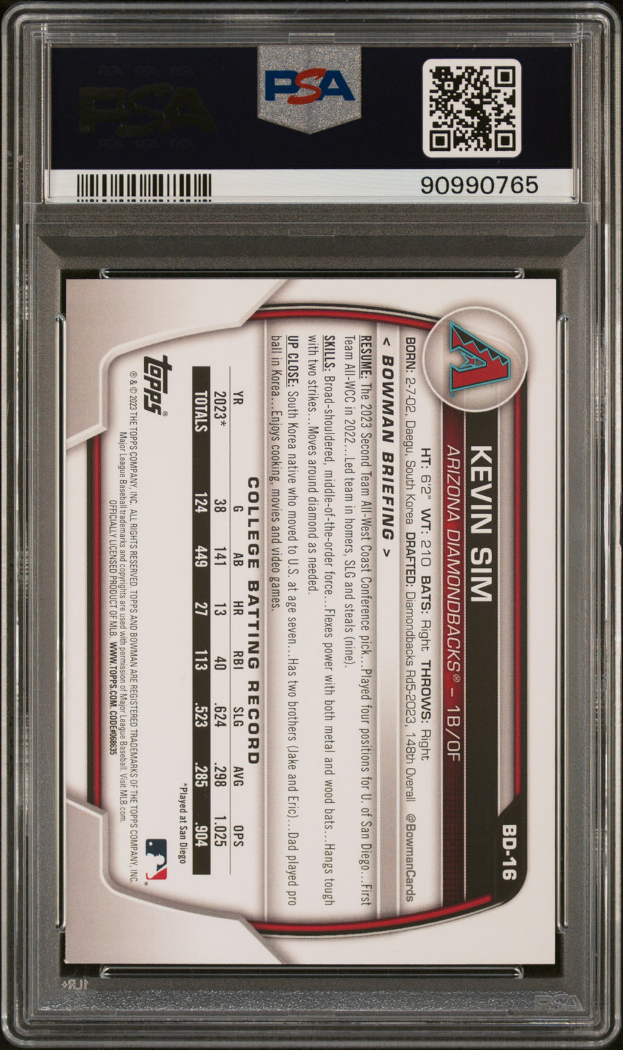 2023 Bowman Draft #BD16 Kevin Sim 199/199 Aqua/Pink Gradient PSA 9 — Back