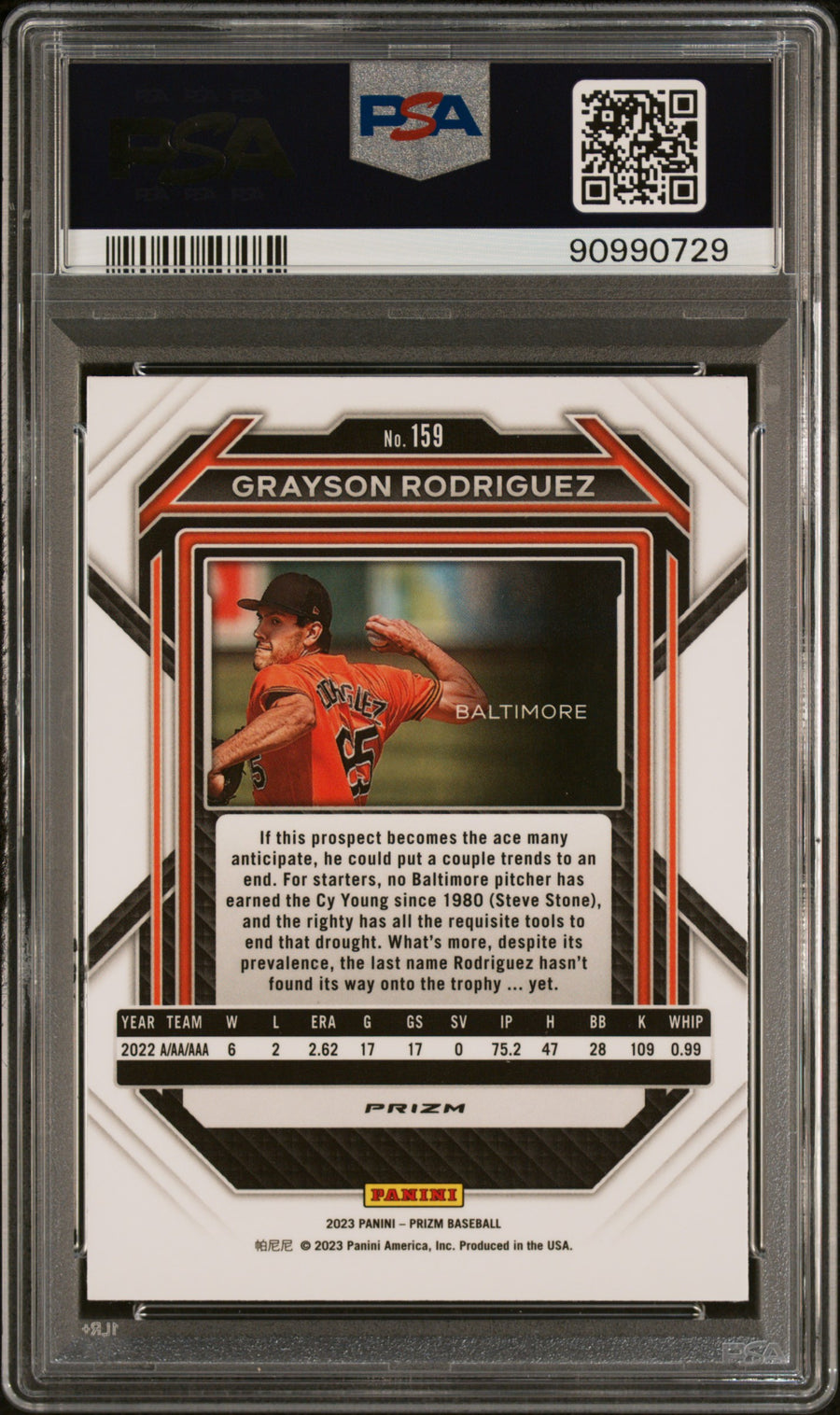 2023 Panini Prizm #159 Grayson Rodriguez White Sparkle PSA 10 — Back