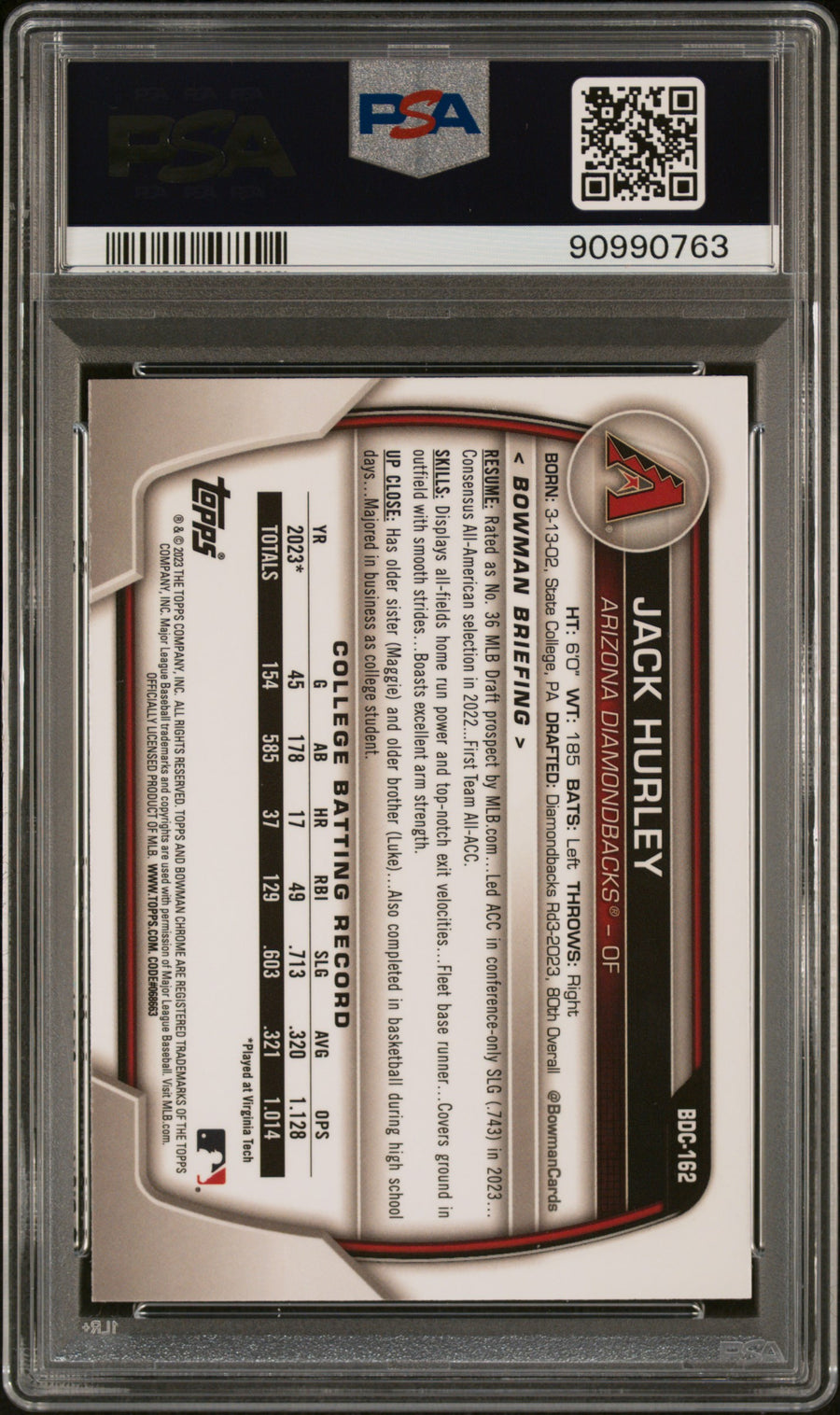 2023 Bowman Draft Chrome #BDC162 Jack Hurley Sky Blue Refractor PSA 10 — Back