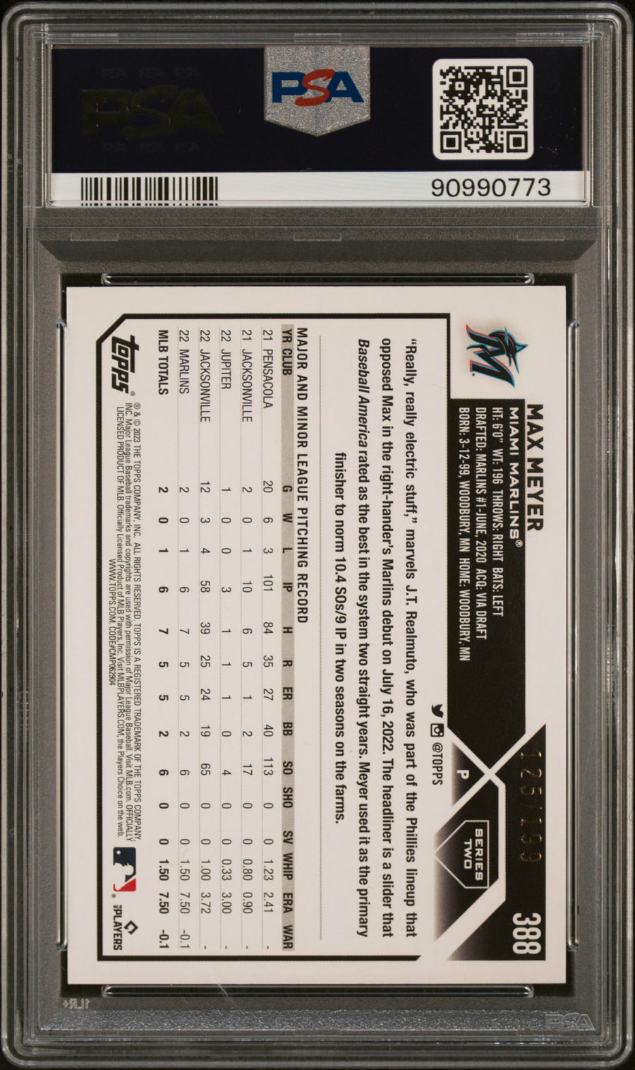 2023 Topps #388 Max Meyer 125/199 RC Red Foil PSA 9 — Back