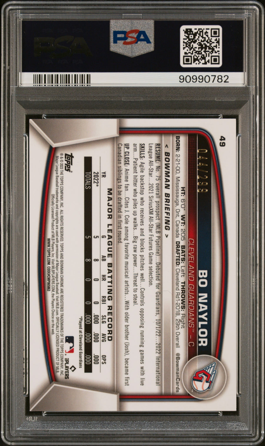 2023 Bowman Chrome #49 Bo Naylor 044/299 RC Fuchsia Refractor PSA 10 — Back