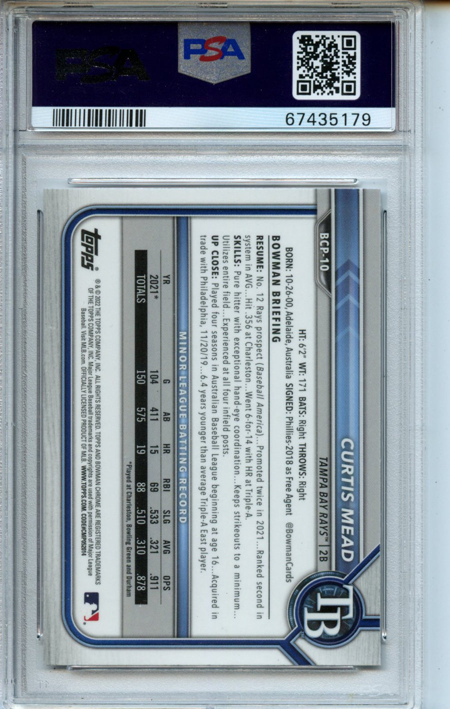 2022 Bowman Mega Box Chrome #10 Curtis Mead Chrome PSA 9 — Back