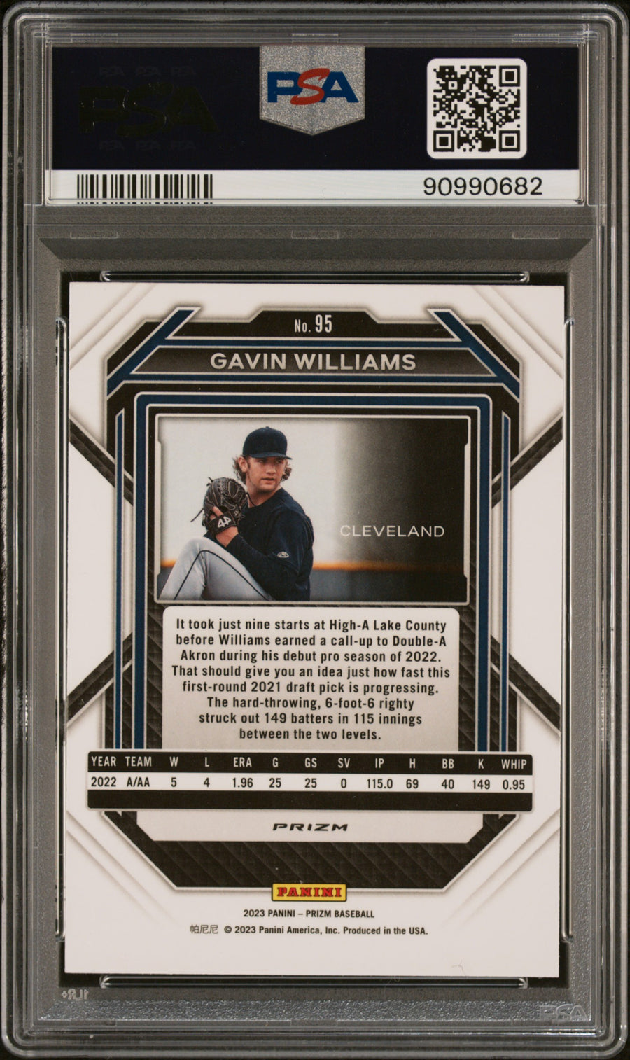 2023 Panini Prizm #95 Gavin Williams White Sparkle PSA 9 — Back